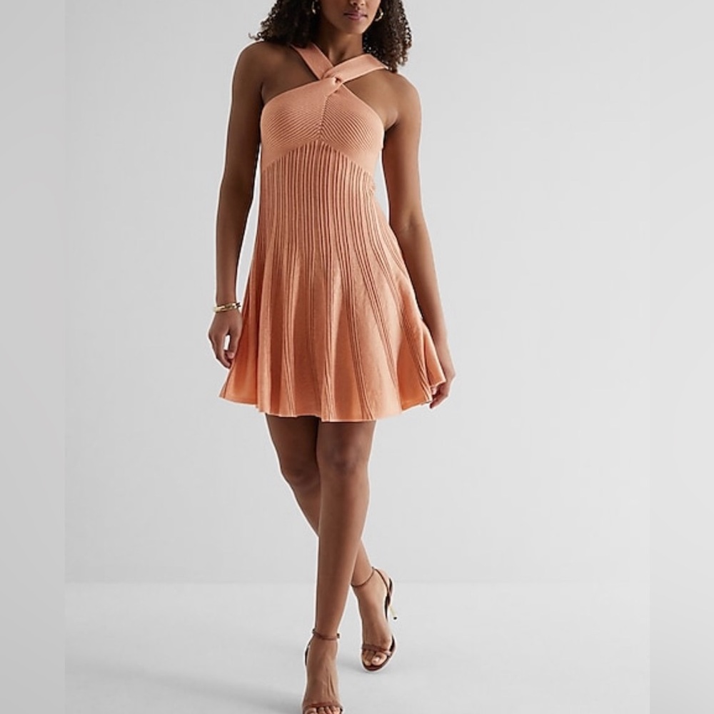 Express Apricot Metallic Ribbed Twist Halter Neck Fit &
Flare Sweater Dress SM